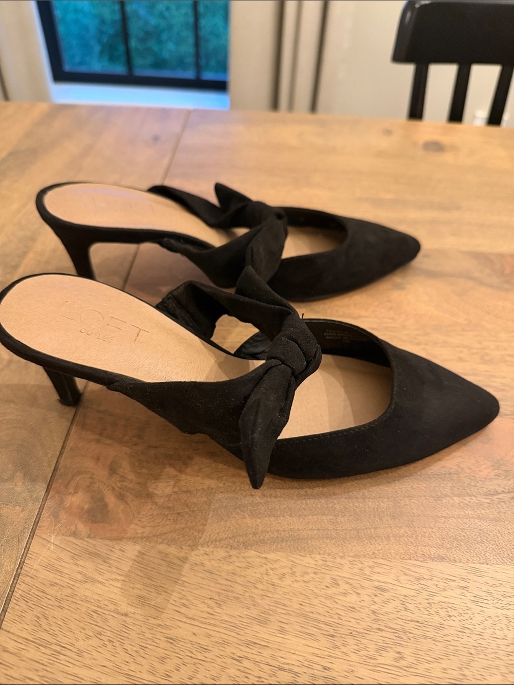 LOFT Black Suede Knot Pointed-Toe Mule Heels